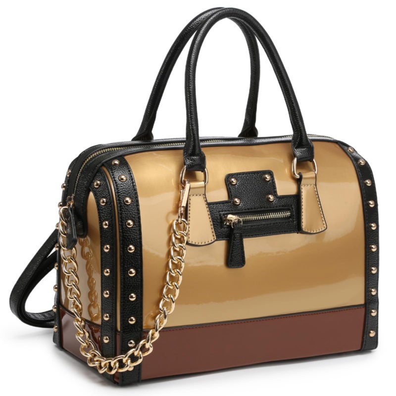 Dasein Women's Barrel Bag Shiny Patent Faux Leather Handbag with Rivet Decoration Top Handle Satchel Shoulder Purse (Large Gold) - Image 1